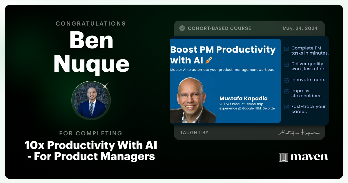Certificate of Completion for Get Your Time Back: AI for Product Managers
