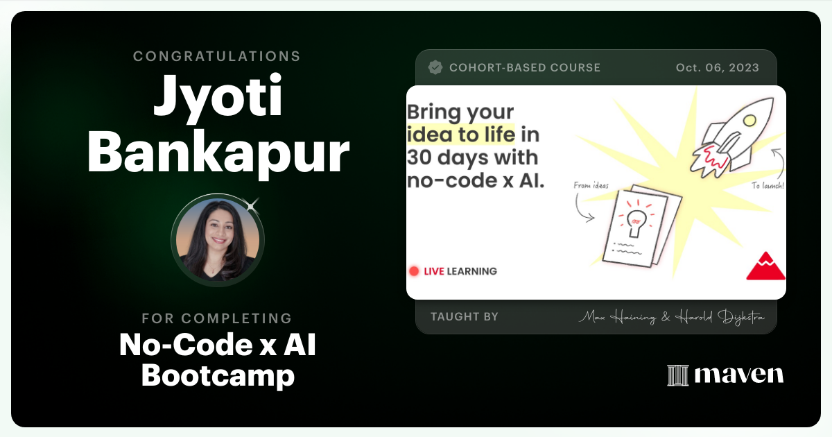 Certificate of Completion for No-Code x AI Bootcamp