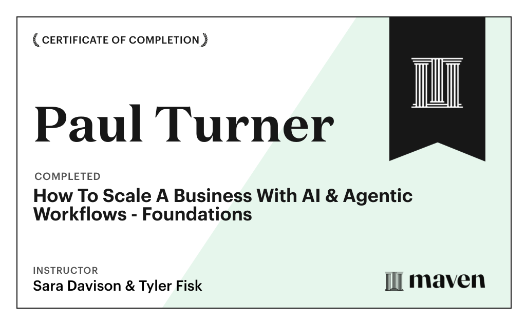 Certificate for How To Scale A Business With AI & Agentic Workflows - Foundations