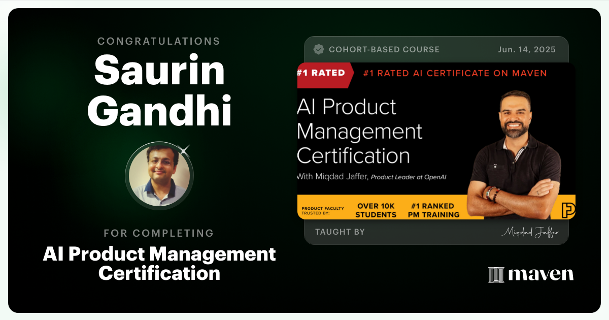Certificate of Completion for AI Product Management Certification by Product Faculty