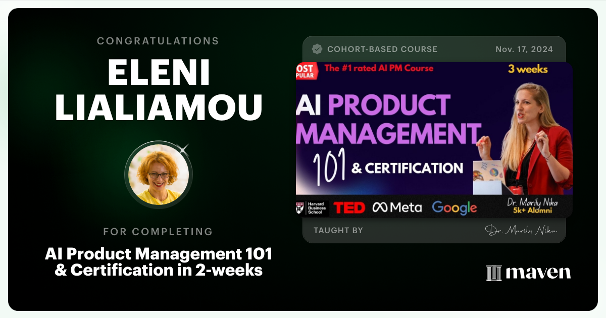 Certificate of Completion for AI Product Management 101 & Certification - Building AI Products end-to-end