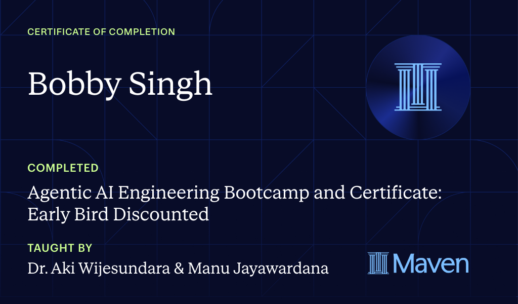 Certificate for AI Engineering Bootcamp: Build AI Agents with Claude Code, RAG and MCP