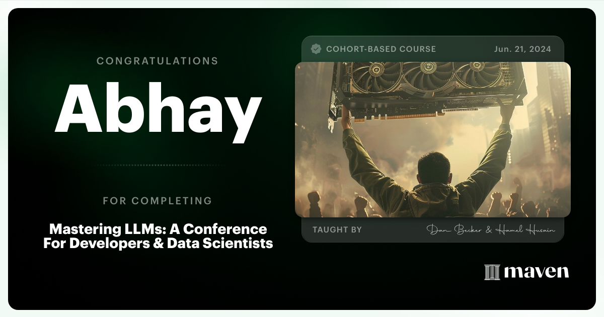 Certificate of Completion for Mastering LLMs For Developers & Data Scientists