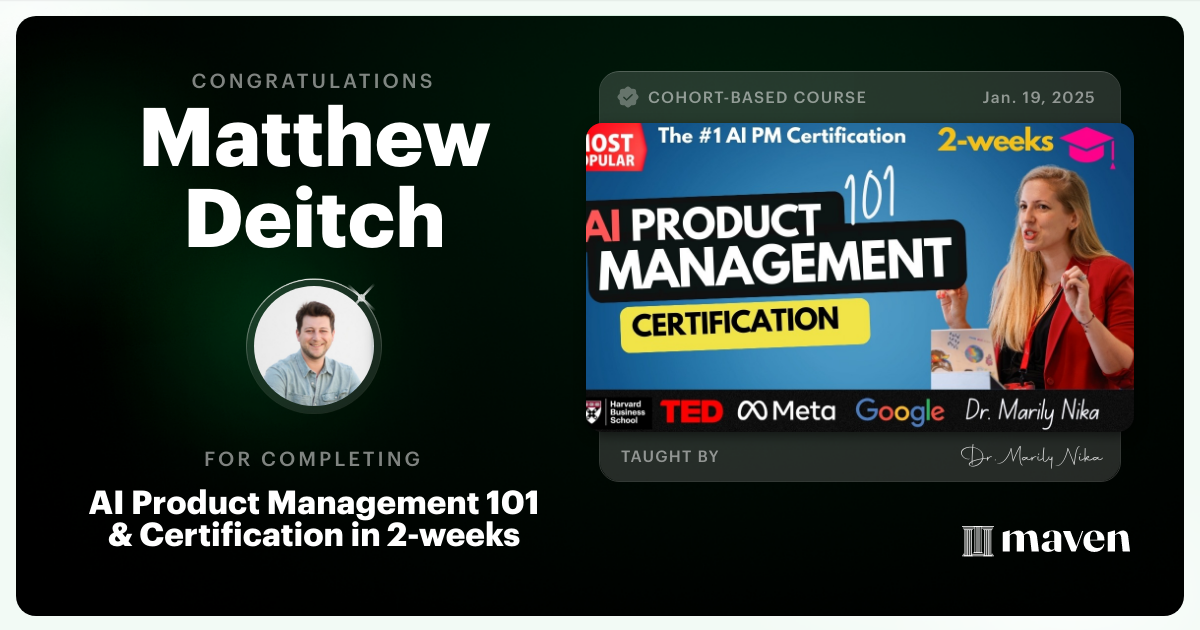 Certificate of Completion for AI Product Management 101 & Certification - Building AI Products end-to-end