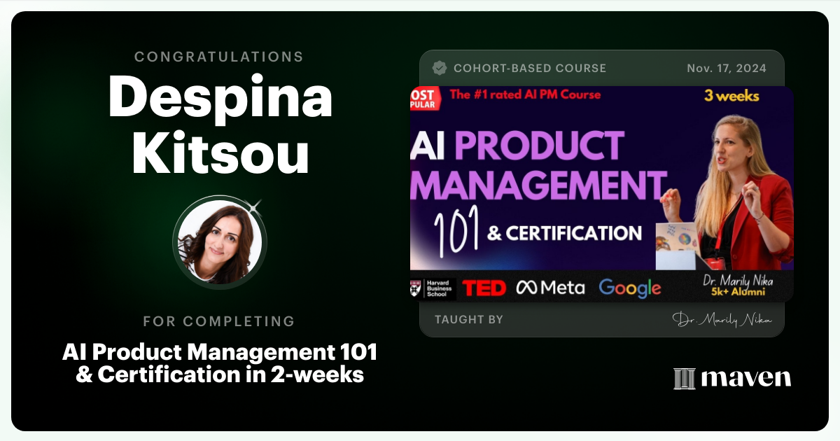 Certificate of Completion for AI Product Management 101 & Certification - Building AI Products end-to-end