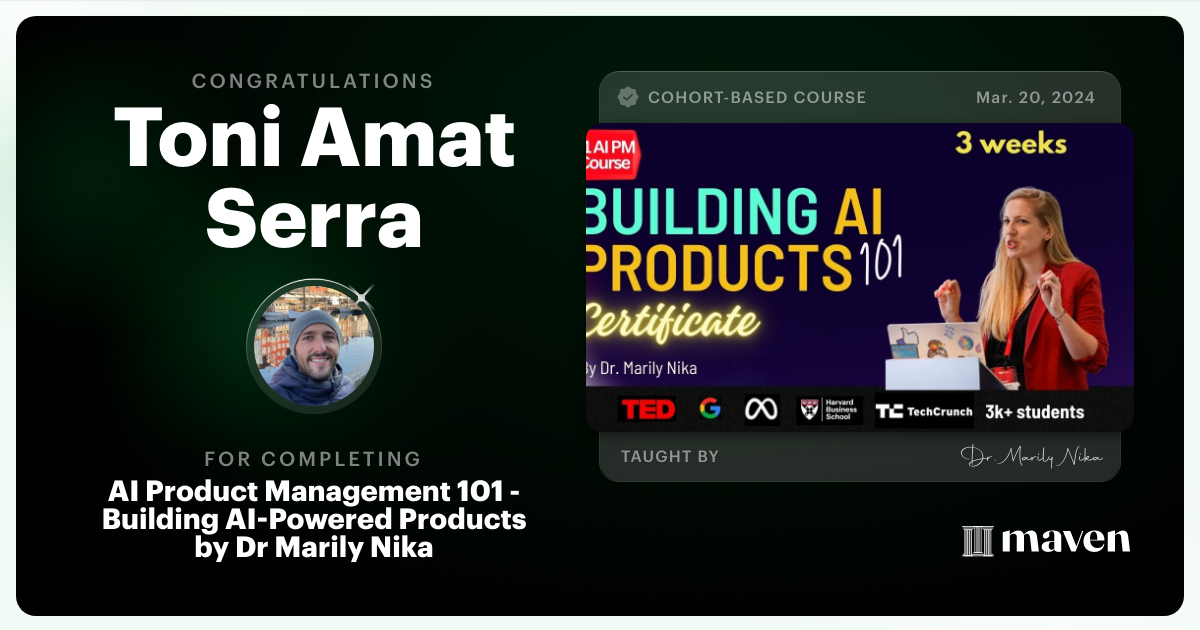Certificate of Completion for AI Product Management 101 & Certification - Building AI Products end-to-end