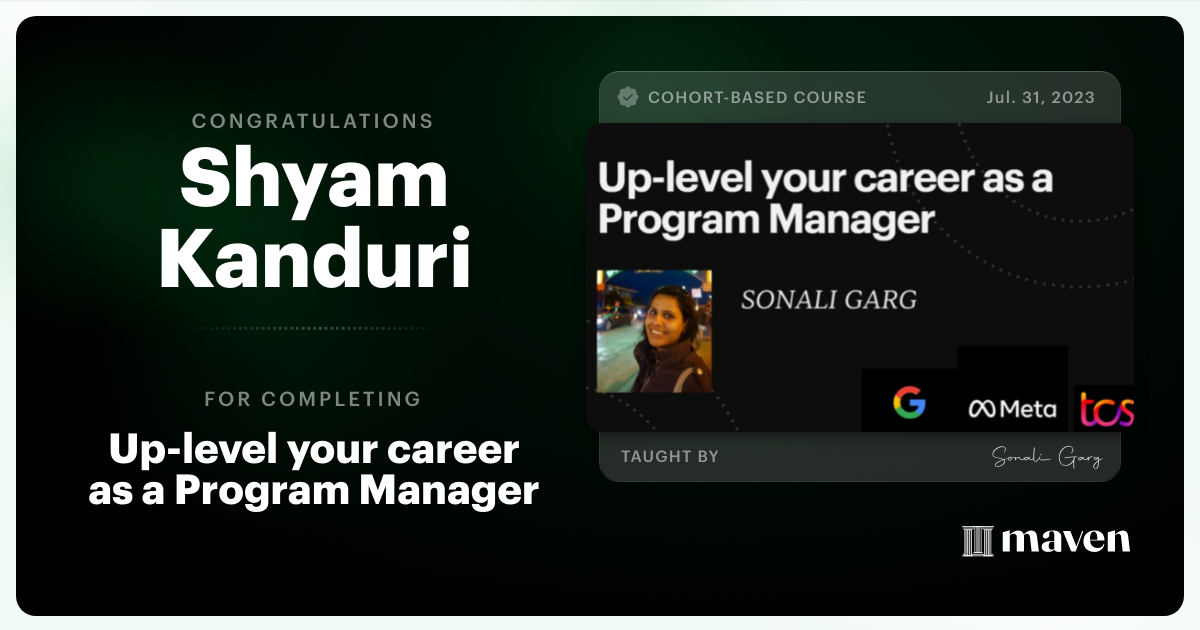 Certificate of Completion for Up-level your career as a Program Manager