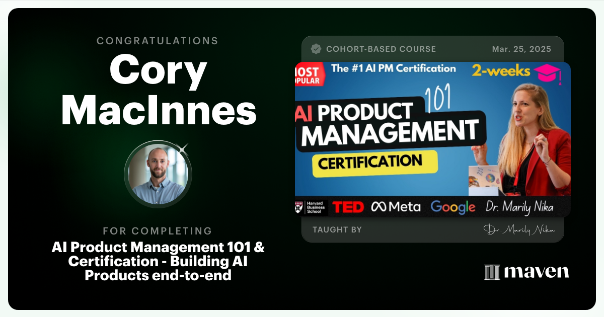 Certificate of Completion for AI Product Management 101 & Certification - Building AI Products end-to-end