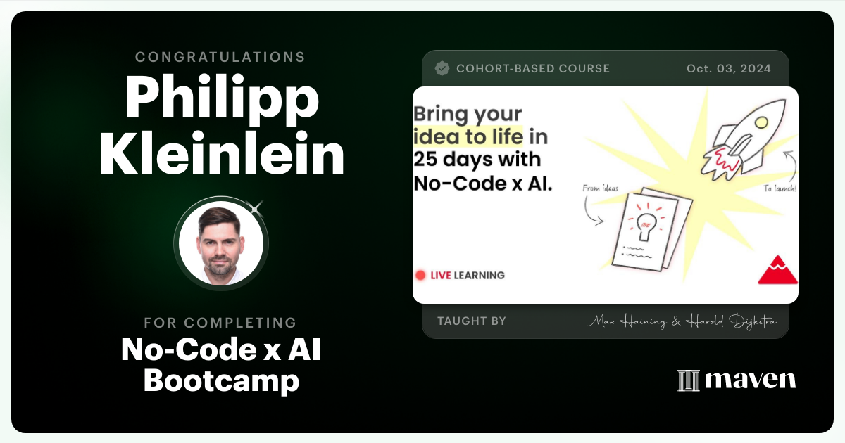 Certificate of Completion for No-Code x AI Bootcamp