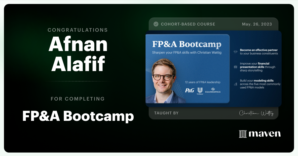 Certificate of Completion for FP&A Bootcamp