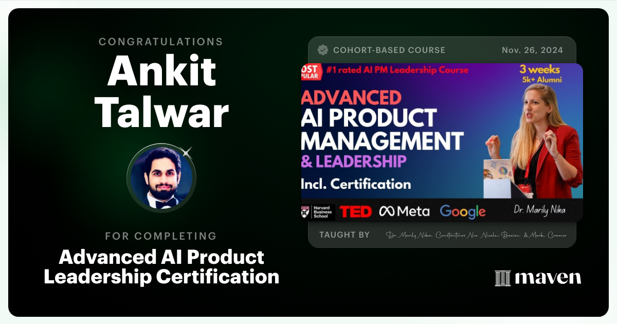 Certificate of Completion for Advanced AI Product Leadership Certification