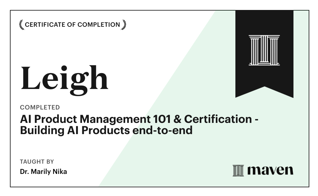 Certificate for AI Product Management 101 & Certification - Building AI Products end-to-end