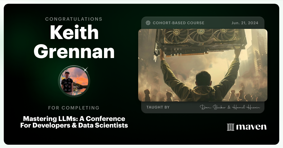 Certificate of Completion for Mastering LLMs For Developers & Data Scientists