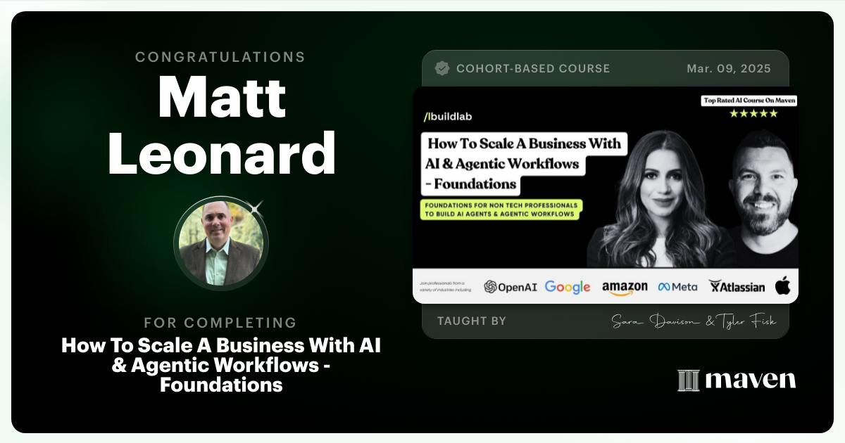Certificate of Completion for How To Scale A Business With AI & Agentic Workflows - Foundations