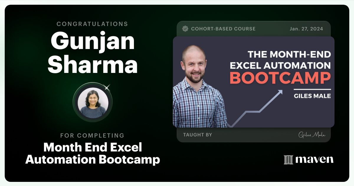 Certificate of Completion for Month End Excel Automation Bootcamp