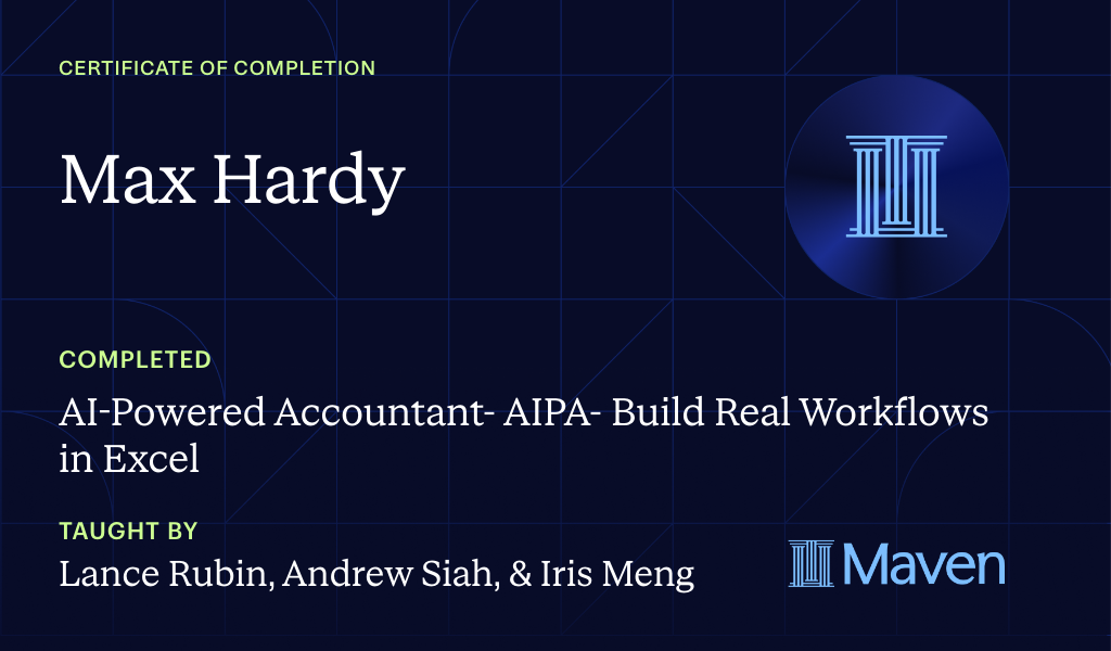 Certificate for AI-Powered Accountant- AIPA- Build Real Workflows in Excel & Power BI