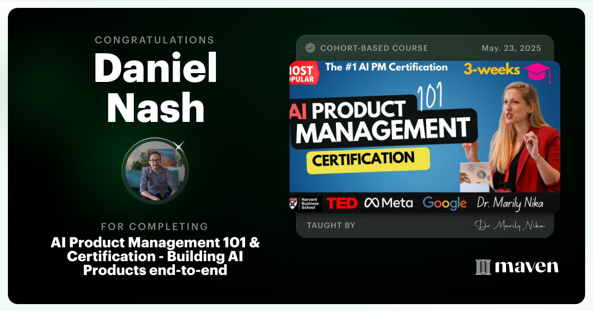 Certificate of Completion for AI Product Management 101 & Certification - Building AI Products end-to-end