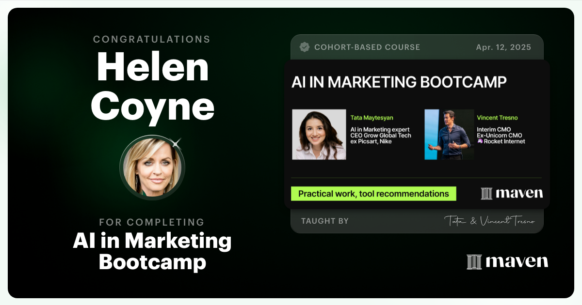 Certificate of Completion for AI in Marketing Bootcamp: 4 weeks