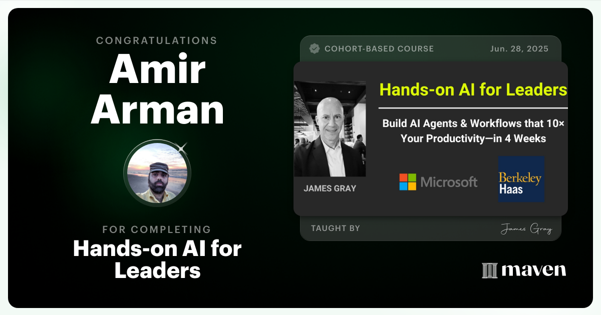 Certificate of Completion for Hands-on Agentic AI for Leaders
