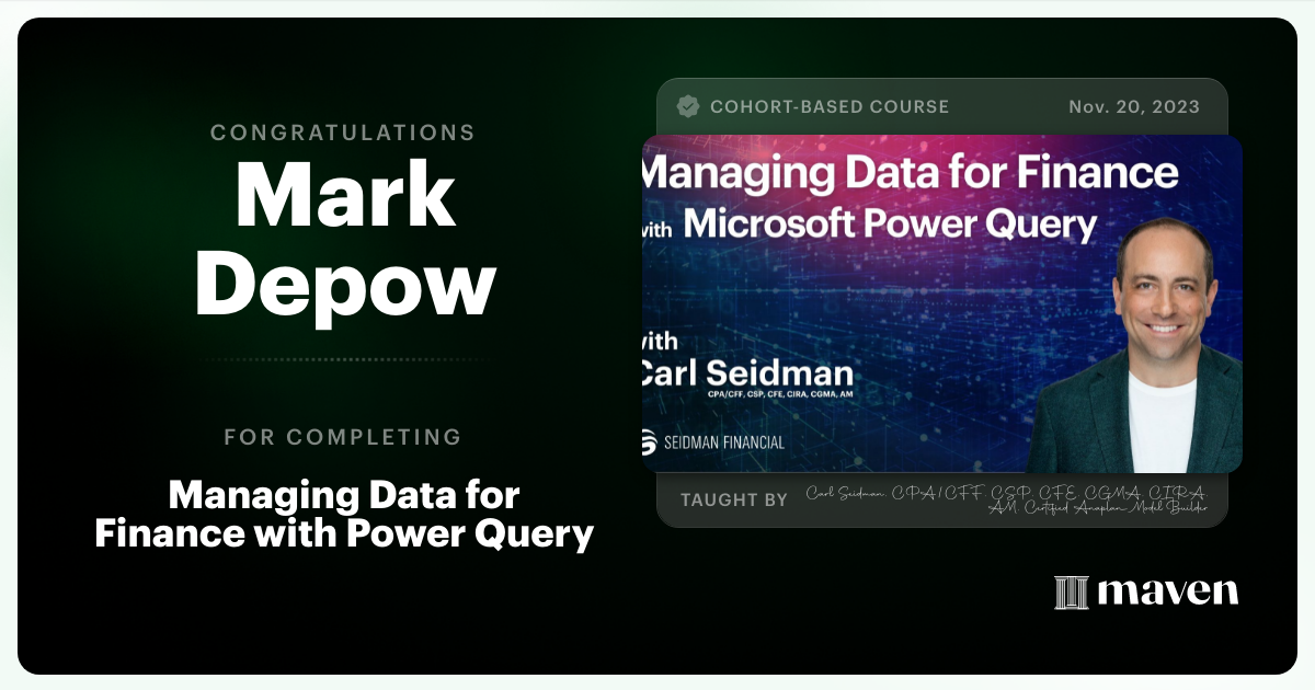 Certificate of Completion for Managing Data for Finance Powered by Microsoft Power Query