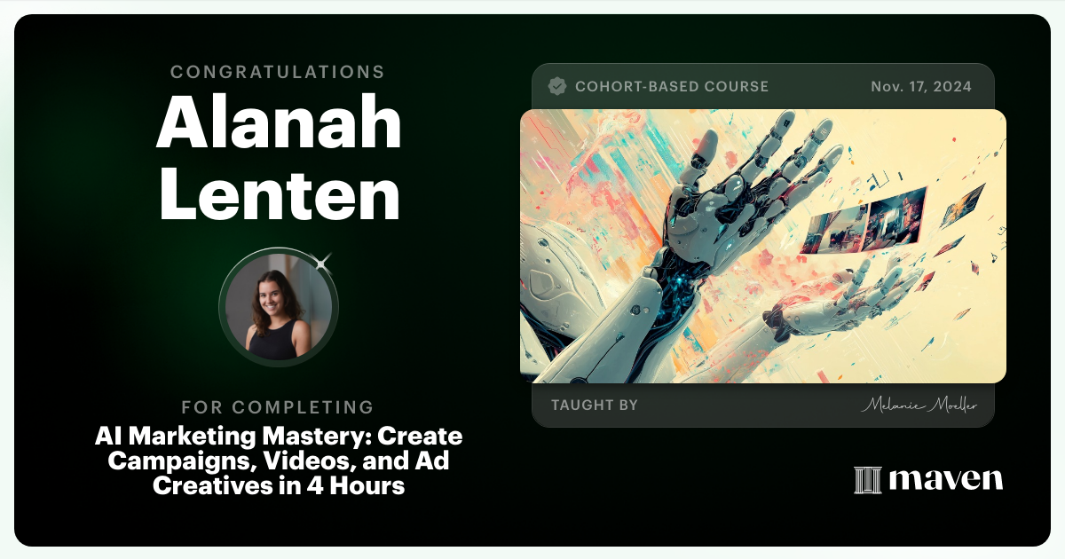 Certificate of Completion for AI Marketing Mastery: Create Campaigns, Videos & Music in 4 Hrs, incl. Project