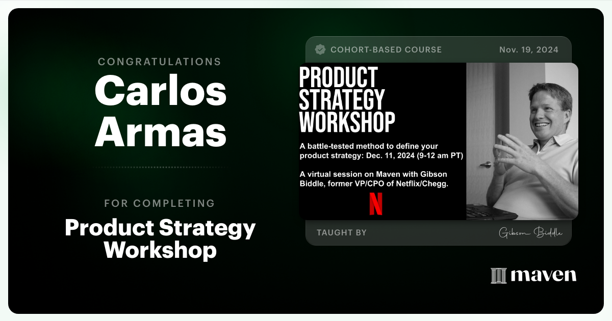 Certificate of Completion for Product Strategy Workshop