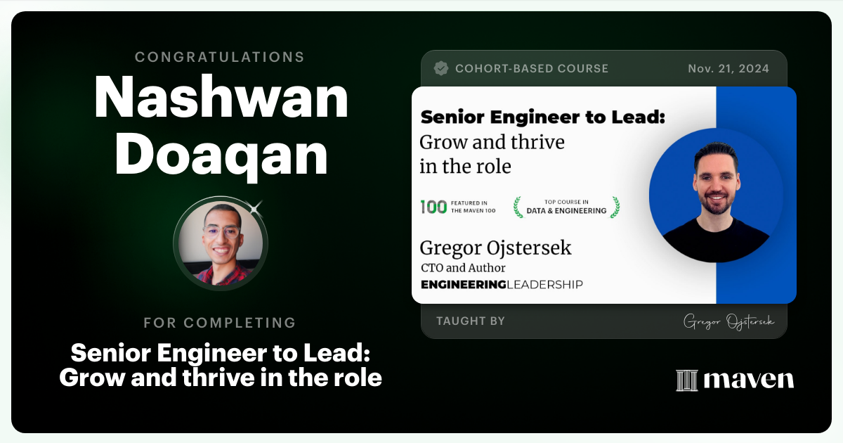 Certificate of Completion for Senior Engineer to Lead: Grow and thrive in the role