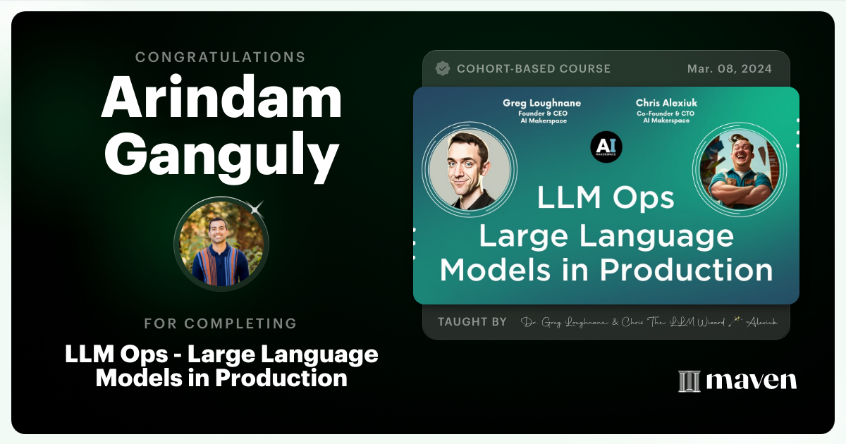 Certificate of Completion for LLM Ops - Large Language Models in Production