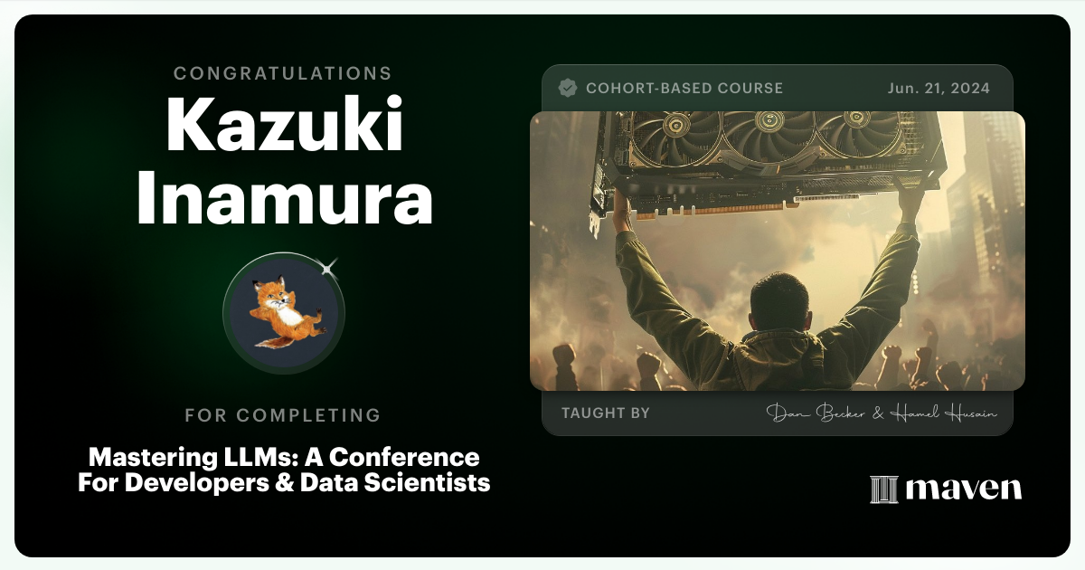 Certificate of Completion for Mastering LLMs For Developers & Data Scientists