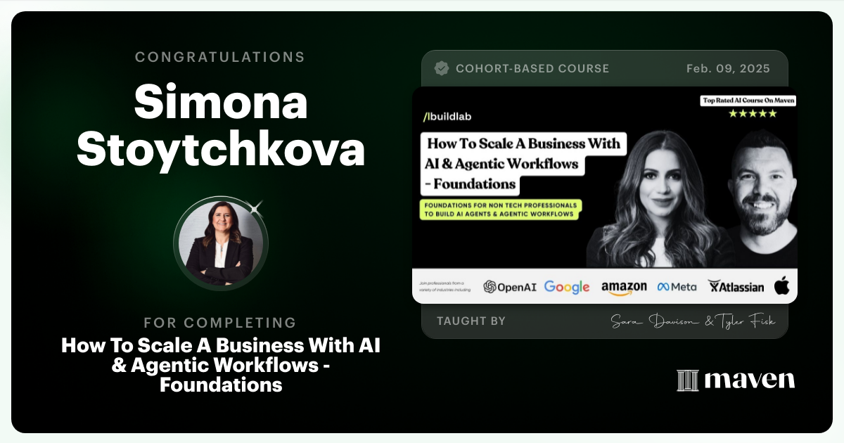 Certificate of Completion for How To Scale A Business With AI & Agentic Workflows - Foundations