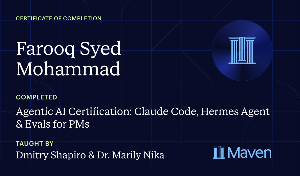 Certificate for Agentic AI Certification: Claude Code, Hermes Agent & Evals for PMs