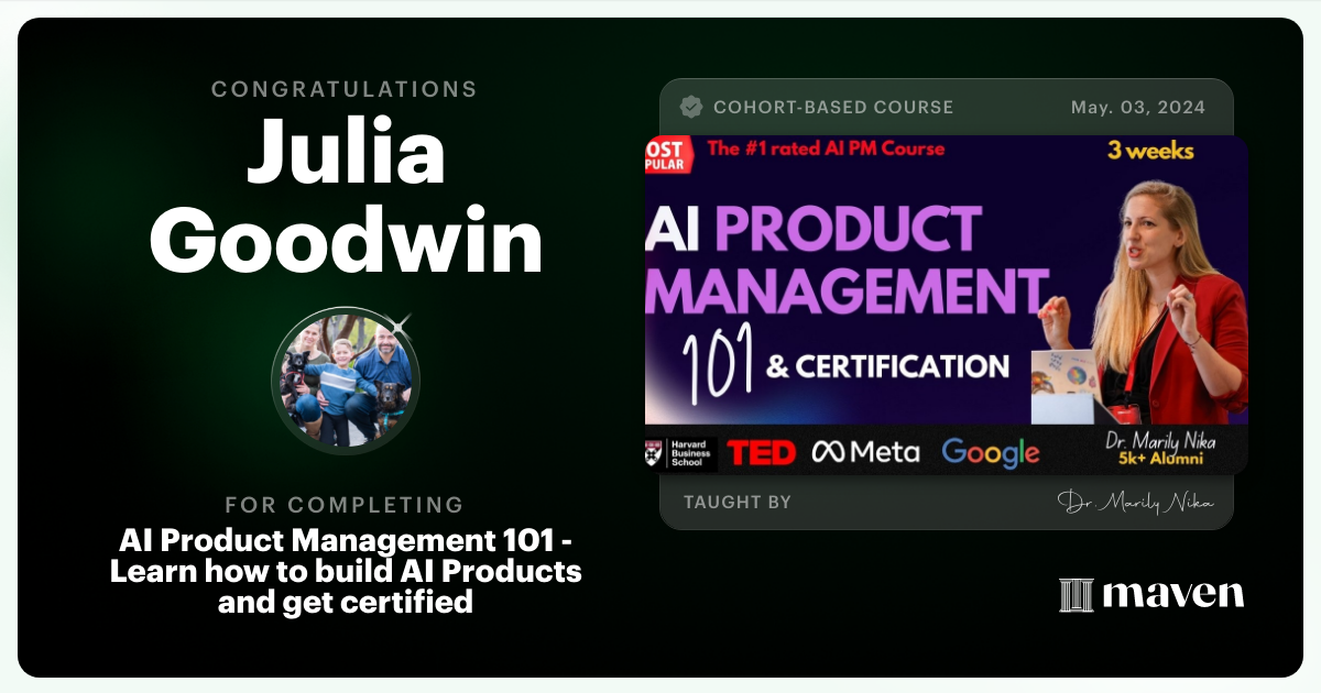 Certificate of Completion for AI Product Management 101 & Certification - Building AI Products end-to-end
