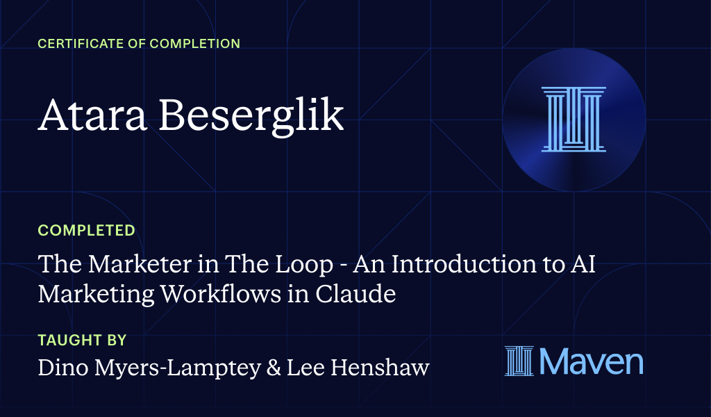 Certificate for The Marketer in The Loop  - An Introduction to AI Marketing Workflows in Claude