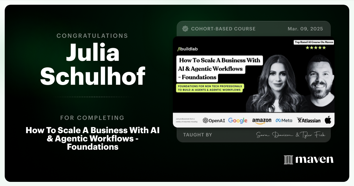 Certificate of Completion for How To Scale A Business With AI & Agentic Workflows - Foundations