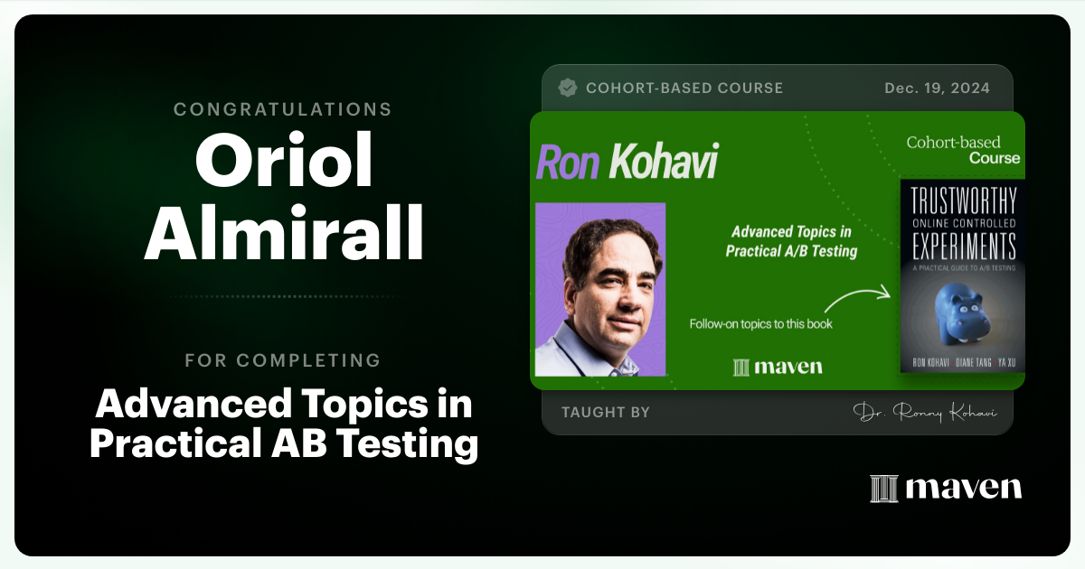 Certificate of Completion for Advanced Topics in Practical A/B Testing