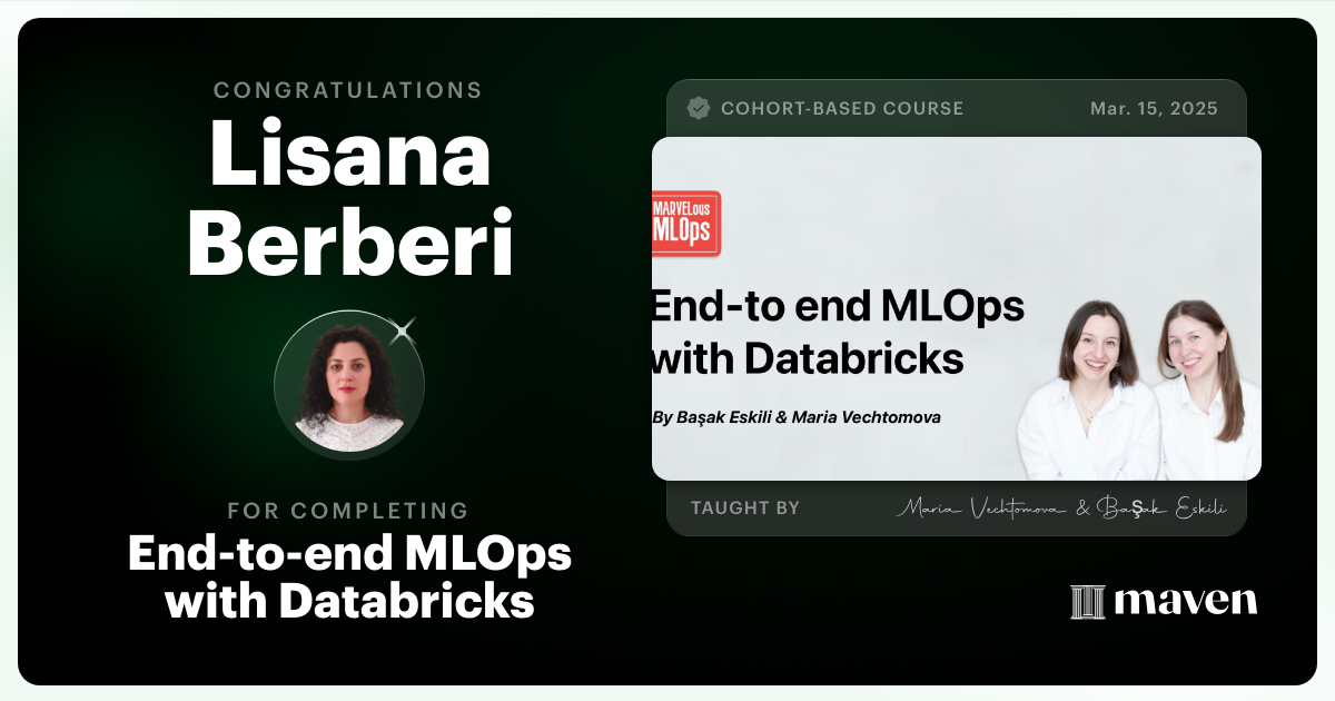 Certificate of Completion for End-to-end MLOps with Databricks