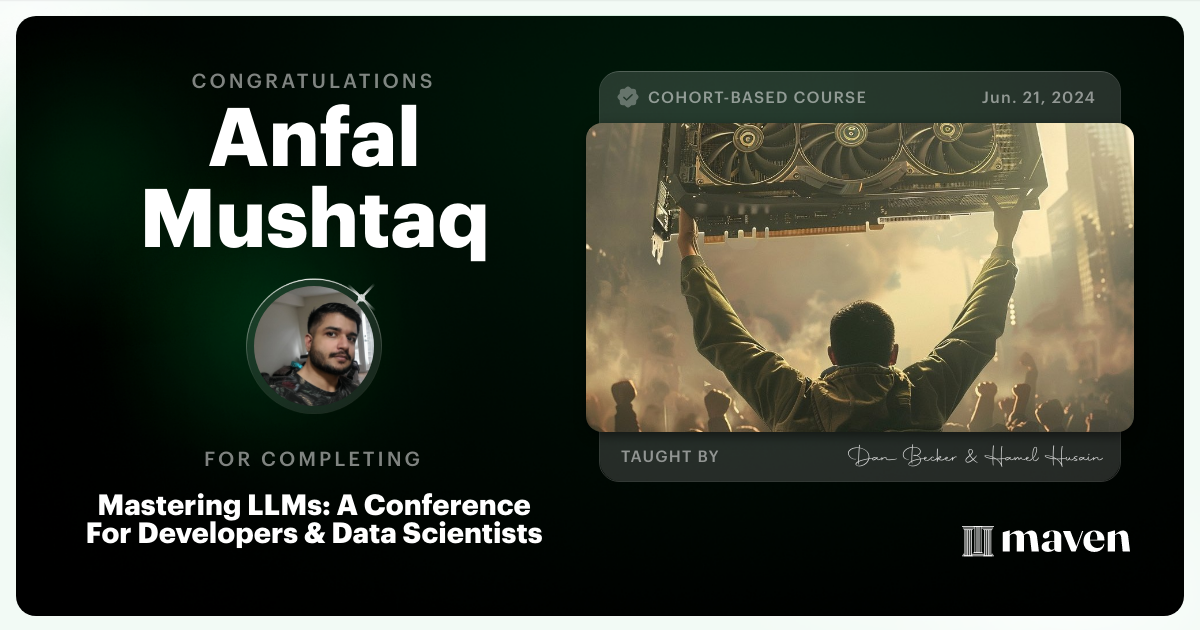 Certificate of Completion for Mastering LLMs For Developers & Data Scientists