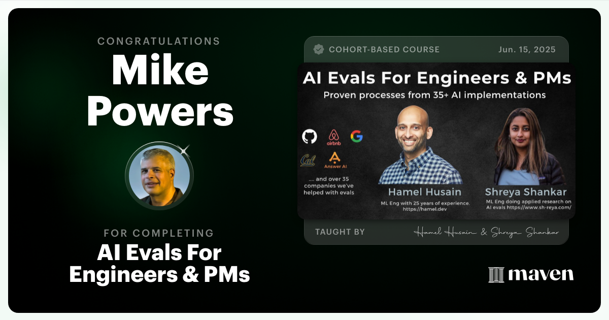 Certificate of Completion for AI Evals For Engineers & PMs