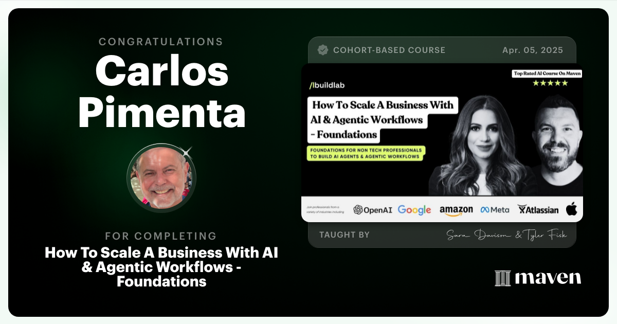 Certificate of Completion for How To Scale A Business With AI & Agentic Workflows - Foundations