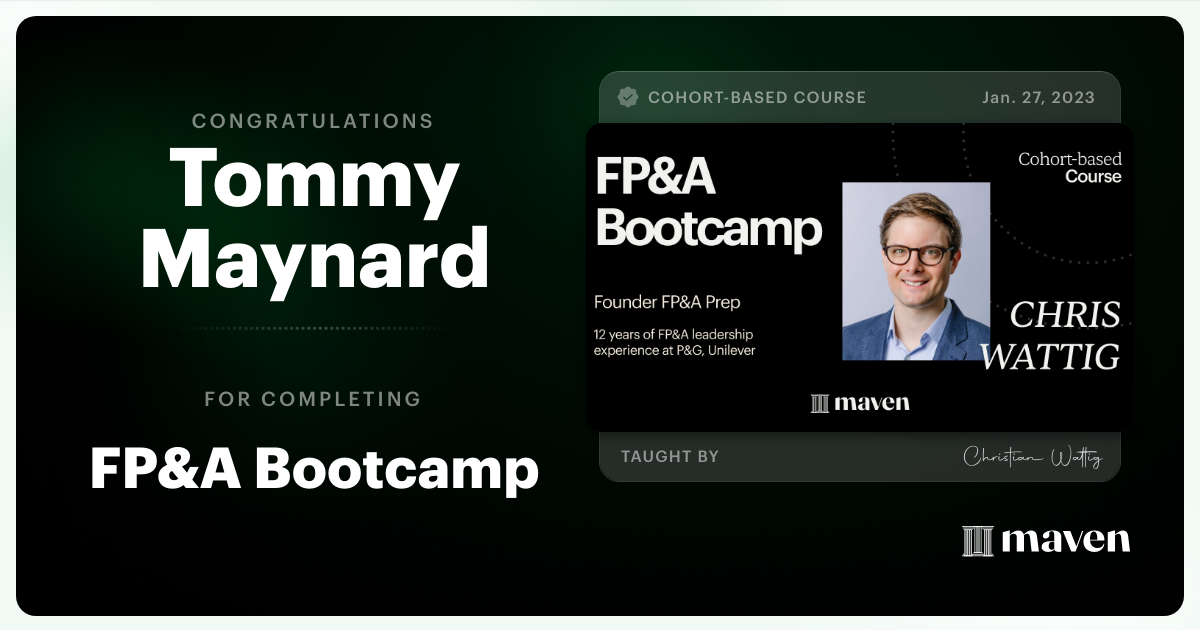 Certificate of Completion for FP&A Bootcamp