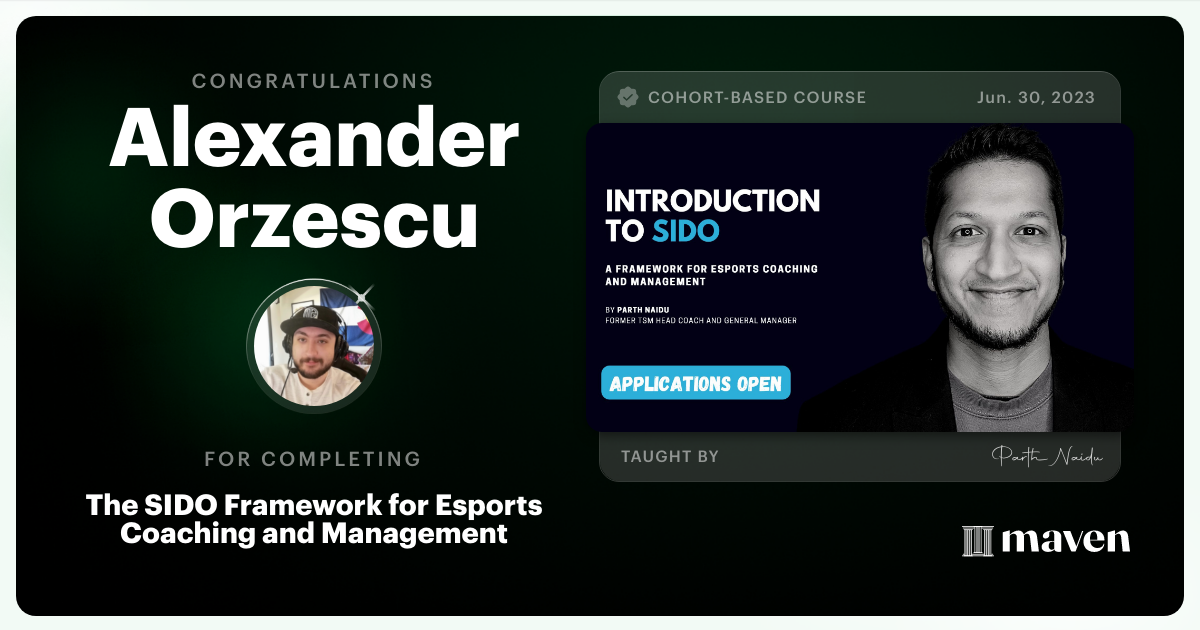 Certificate of Completion for The SIDO Framework for Esports Coaching and Management