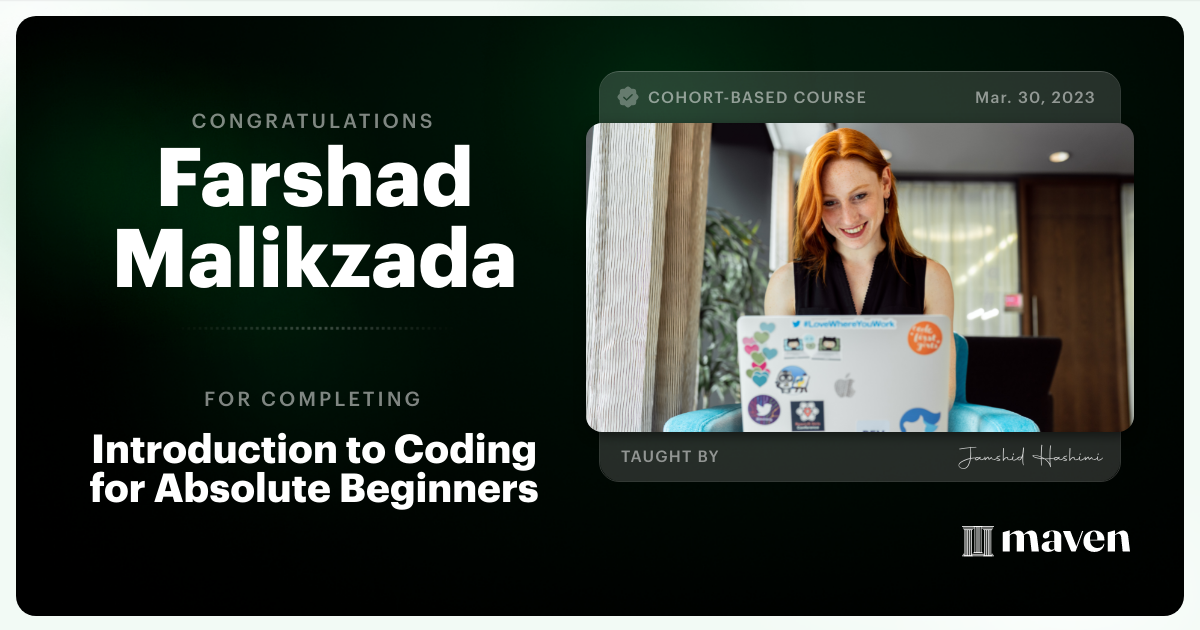 Certificate of Completion for Introduction to Coding for Absolute Beginners