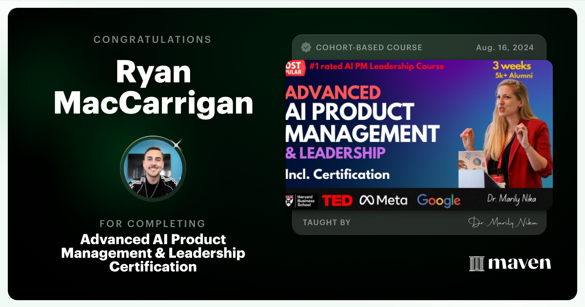 Certificate of Completion for Advanced AI Product Leadership Certification