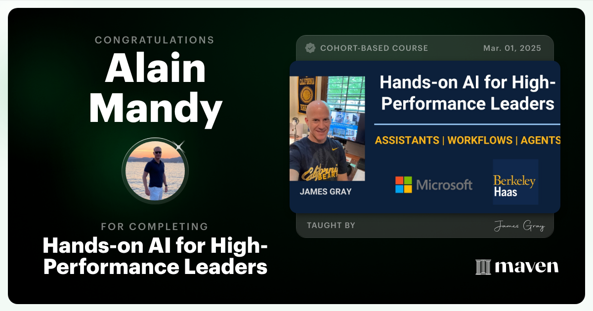 Certificate of Completion for Hands-on Agentic AI for Leaders