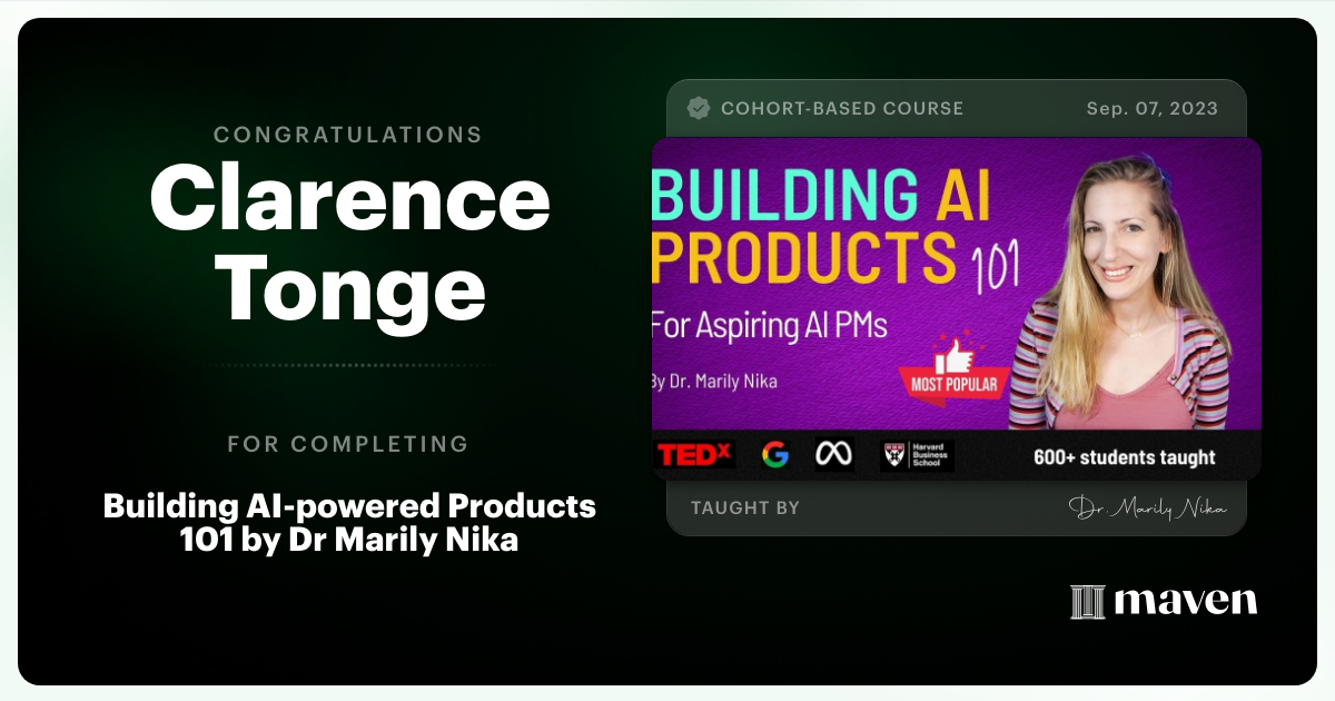 Certificate of Completion for AI Product Management 101 & Certification - Building AI Products end-to-end