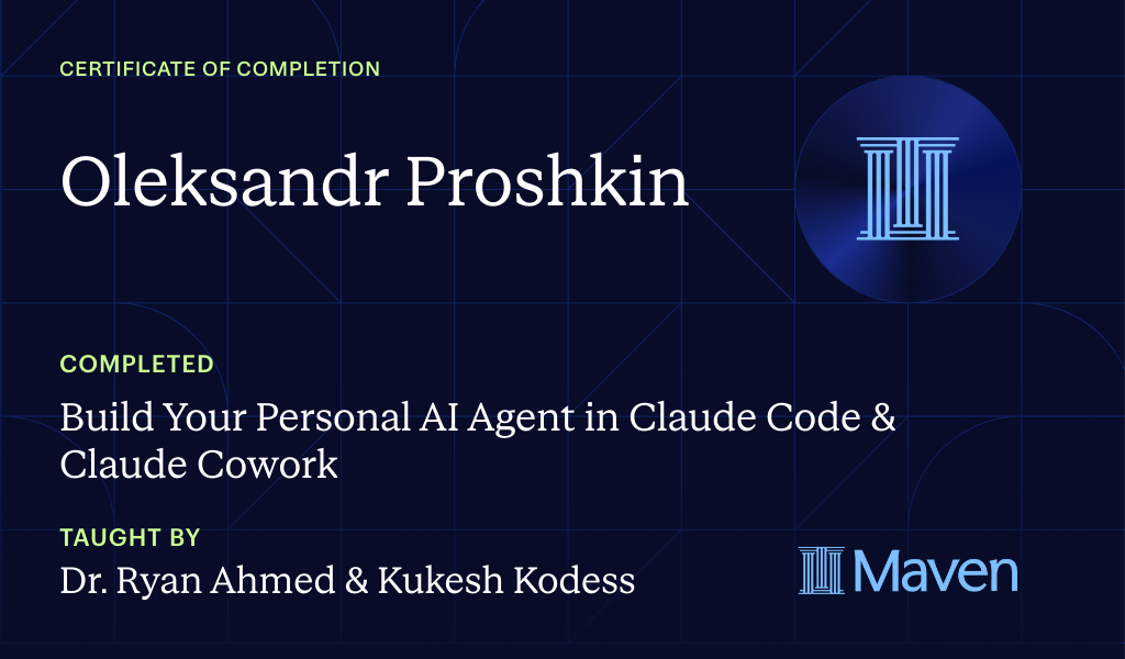 Certificate for Build Your Personal AI Agent & Second Brain in Claude Code
