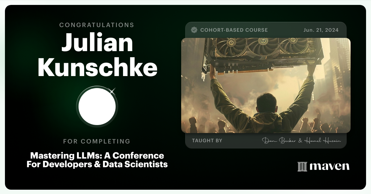 Certificate of Completion for Mastering LLMs For Developers & Data Scientists