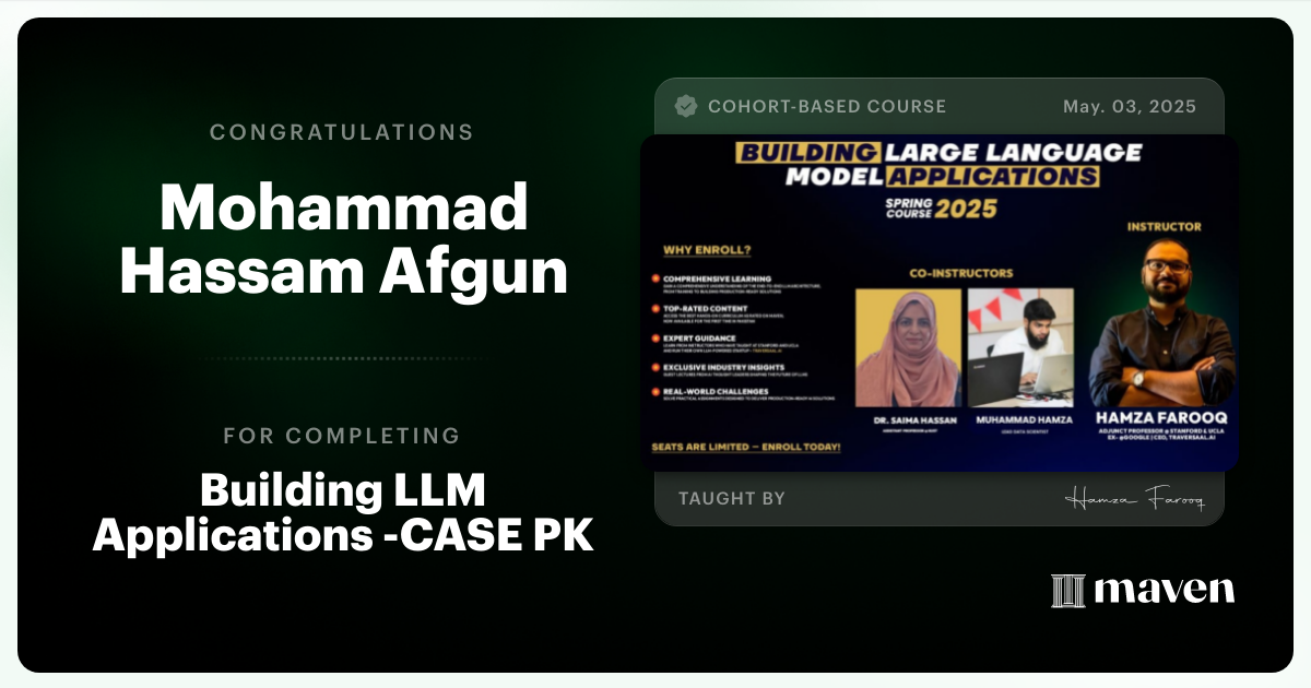 Certificate of Completion for Building LLM Applications -CASE PK