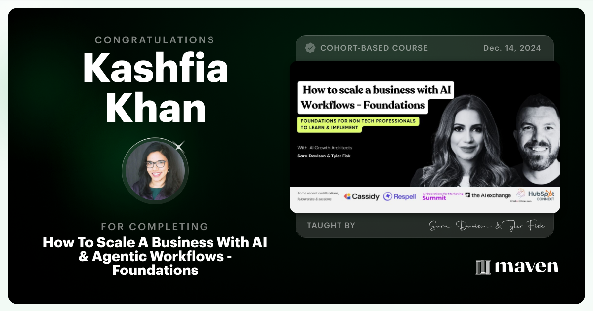 Certificate of Completion for How To Scale A Business With AI & Agentic Workflows - Foundations