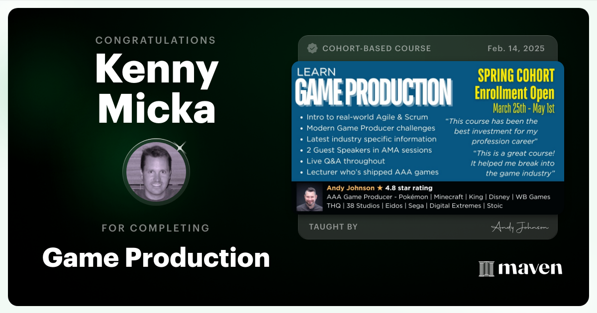 Certificate of Completion for Game Production – Think Like a Game Producer & Ship Games!